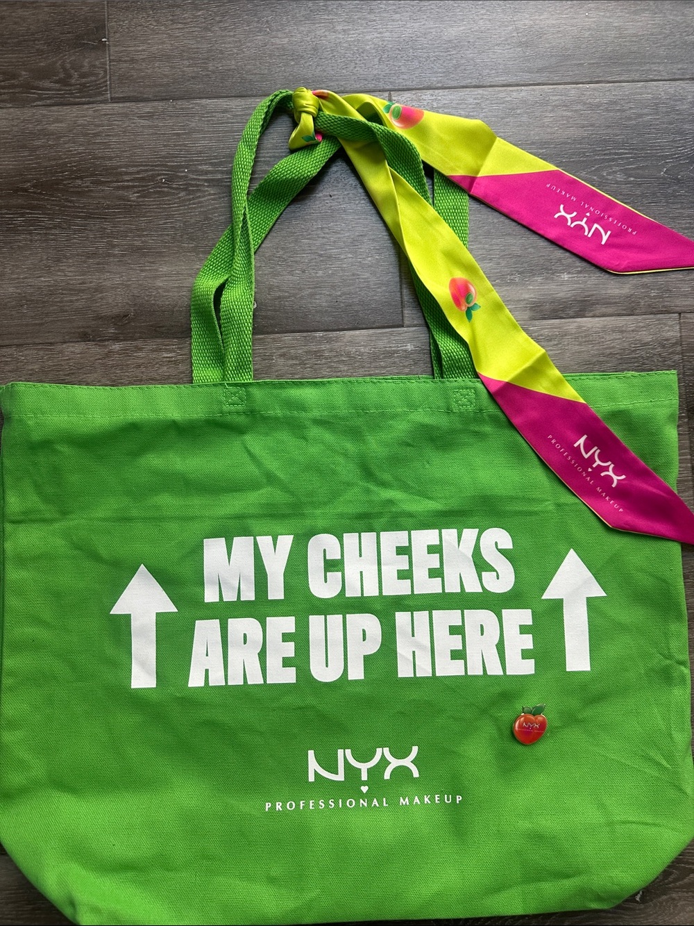NYX Bright Green Canvas Tote with Pink & Lime Scarf